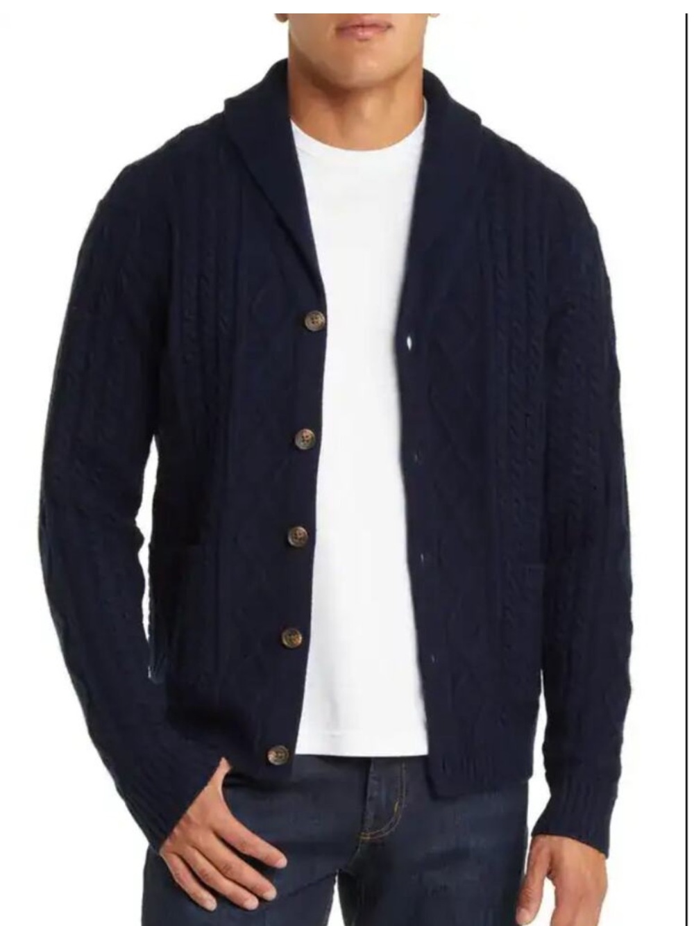 Peter Millar Fisherman’s Cable Shawl Collar Cardigan
Navy Cashmere Wool Yak Sz L